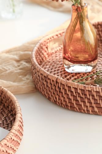 HITOMEN 14.2" Hand-Woven Round Rattan Serving Tray Decorative Ottoman Wicker Platter with Handles for Coffee Table, Breakfast, Drinks, Snack, Bread, Fruit, Vegetables (Honey Brown-L) - color: Honey Brown, size: Large (14.2 inches)