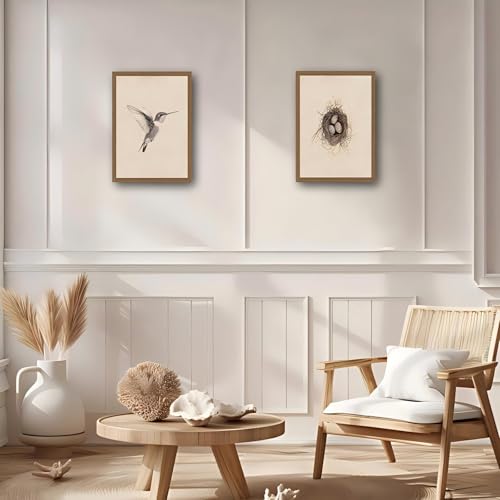 2pcs Retro Framed Canvas Prints - Hummingbird Bird Nest Wall Art Hummingbird Sketch Oil Painting Stunning Nature Wall Art For Living Room, Bedroom, Office Decor 12x16in - color: Hummingbirds return to their nests, size: 12x16in