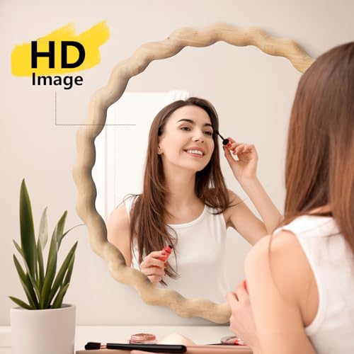 sawsile Circle Wood Mirrors for Wall, 20" Large Irregular Wavy Wood Modern Boho Vanity Farmhouse Mirrors for Bedroom Living Room Entryway Hallway Fireplace - size: 20"L x 20"W