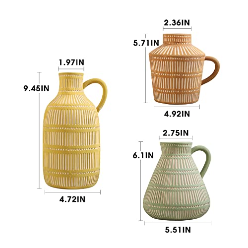 Boho Ceramic Vase Set of 3 for Living Room Bedroom Modern Yellow Brown Green Fake Flower Plant Vases for Home Decor Office Centerpieces Antique Retro Rustic Farmhouse Vintage Classic Gift - color: Multicolor