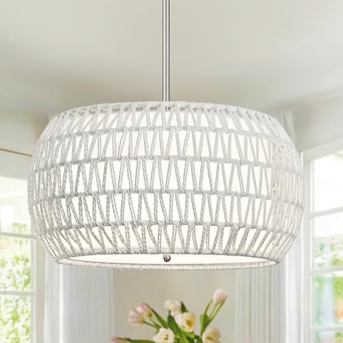 18 inch White 3 Light Rattan Chandelier Rattan Farmhouse Light Fixture Woven Pendant Lights Fabric Shade Boho Chandelier for Kitchen Dinning Room - color: 18"-White-Drum