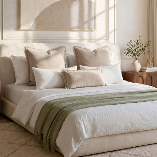 HOMEIDEAS Neutral Beige Velvet Throw Pillow Covers 18x18 Set of 2, Luxury Decorative Pillow Covers with Short Fringe Tassels, Modern Farmhouse Boho Cushion Covers for Sofa Couch Bed Home Decor - color: Beige, size: 18" x 18" (Pack of 2)