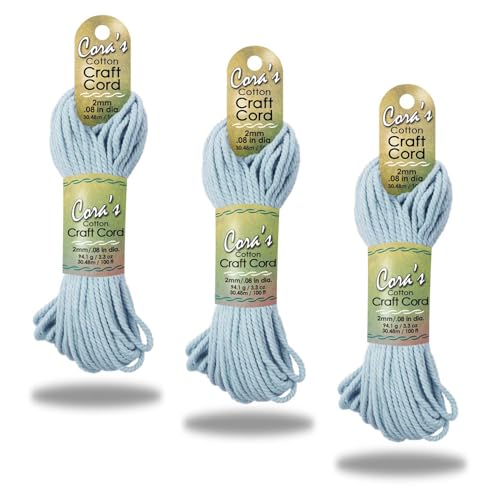 Cora's Cotton Macrame Cord | 2mm x 100ft 3-Pack | Braided Cotton Cord for Macrame | Macrame, DIY Crafts, Plant Hangers, Wall Hanging, Crochet | Durable, Long Lasting, Vibrant (Sky Blue) - color: Sky Blue