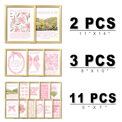 16 PCS Framed Christian Coquette Wall Art Decor, Pink Bow Bible Verses Wall Collage Kit Prints for Bedroom, Gallery Wall Frame Set, Jesus Posters for Living Room Aesthetic, Dorm Artwork for Girls Kids - color: LightPink, size: 12"x15" Framed