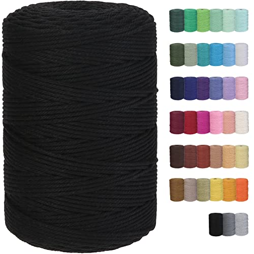 Cotton Macrame Cord 3mm 328yards Natural Colored Macrame Supplies, Soft Craft Cotton Rope for Plant Hanger Wall Hanger Dreamcatcher (Black) - color: Black, size: 3mmx328Yards