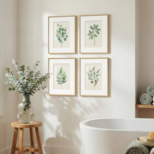 Framed Sage Green Botanical Wall Art for Bathroom, 4 Piece Farmhouse Minimalist Plant Artwork for Walls, Boho Green White Leaf Pictures Prints for Bedroom Kitchen Living Room Wall Decor, 11x14 Inch - color: Green and White, size: 11" W x 14" H x 4pcs