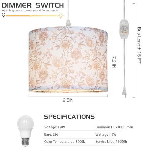 CINSARY Pendant Light with Flower Fabric Shade, Pendant Lights Kitchen Island with Dimmable Switch, Hanging Lamp with 15 ft Clear Cord, Hanging Lamp for Bedroom Dining Room Living Room (Bulb Included) - color: Flower-1