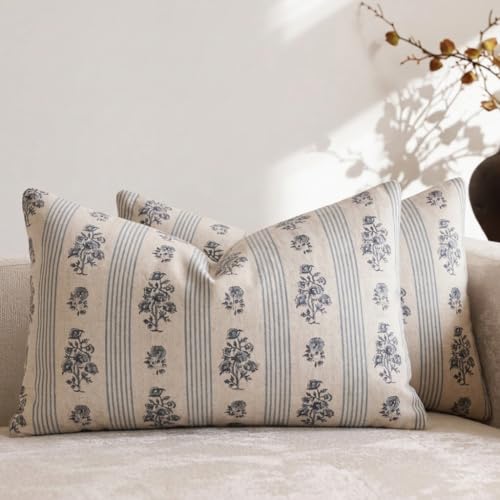 Amor Virisso Floral Throw Pillow Covers 12 x 20 Set of 2 Block Print Pillow Covers Neutral Floral Striped Farmhouse Decorative Pillow Covers for Sofa Couch Bed, Light Blue - color: Light Blue, size: 20" x 12" (Pack of 2)