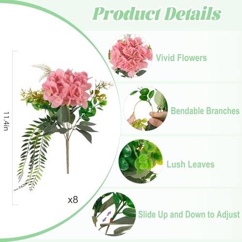 Ammyoo 8 Pcs Artificial Hydrangea Flowers Silk Champagne Fake Flower with Eucalyptus for Outdoor Decorations UV Resistant Realistic Faux Plants for Garden Porch Window Box Indoor Table Decor - color: Champagne