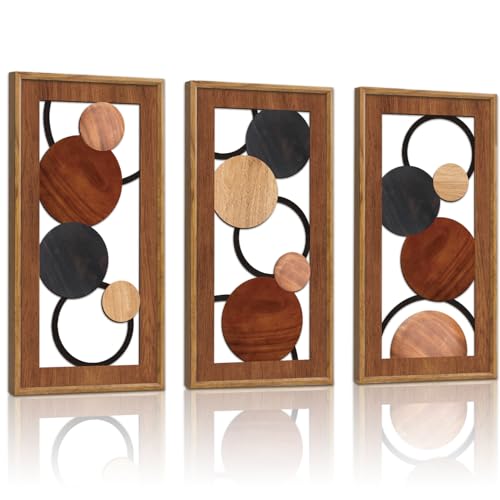 KAIRNE Boho Abstract Wooden Wall Art,3 pieces Vintage Modern Wall Sculptures,Rustic Farmhouse Framed Hanging Decor,Minimalist Mid Century Wall Decor for Living Room Bedroom Kitchen Office,8X16 inch - color: Boho Abstract, size: 8"L x 16"W