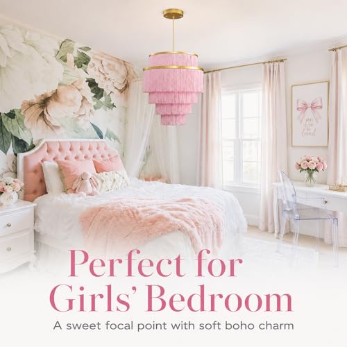 5-Tiered Pink Chandelier,3 Lights Boho Fringe Pendant Light Fixture,Tassle Chandelier for entryway,Dining Room,Baby Nursery,Gold and Pink - color: Pink-Pendant