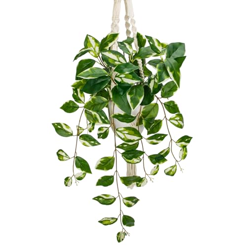 Briful Macrame Hanging Plant with Fake Pothos in White Pot, White N' Joy Faux Hanging Decor for Home Ceiling, Farmhouse Kitchen - color: White Leaf