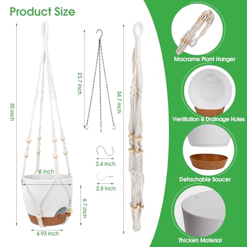 Hanging Planters for Indoor Outdoor Plants, 2 Pack Self Watering Hanging Pot with Drainage Holes, Removable Tray & 2 Kinds of Plant Hangers, 8'' Hanging Flower Pots for Home Garden Decor, White - color: Ivory+black+white, size: 8''