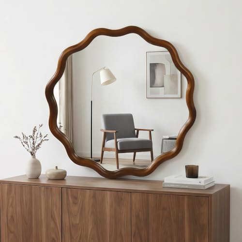 30" Wavy Round Wall Mirror with Solid Wood Frame, Country Irregular Decorative Mirror for Bathroom, Bedroom, Living Room & Entryway, HD Tempered Glass, No Distortion Vanity Mirror (Walnut, 30") - color: Walnut, size: 30"L x 30"W