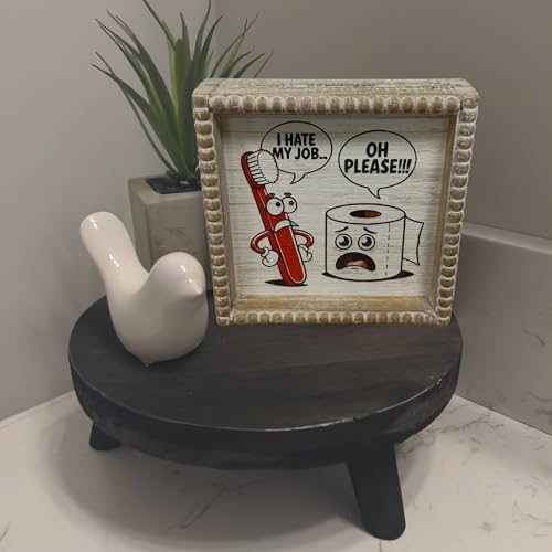 Boho Farmhouse Wooden Framed Bathroom Decor Signs, Funny Restroom Decorative Plaque Small Cute, Toilet Rules Shelf Decoration (I Hate My Job) - color: I Hate My Job