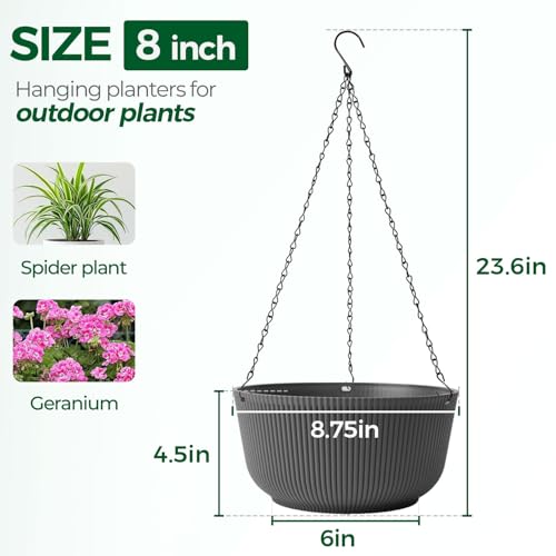 T4U 8 Inch Hanging Planters for Indoor Outdoor Plants, Self Watering Hanging Pot Pack of 2, Hanging Pots with Drainage Hole & Plug & Chain with 3 Hooks for Garden Home Decor, Grey - color: Gray, size: 8 inch