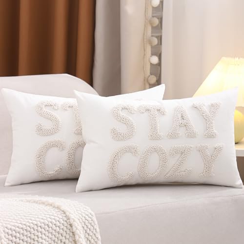 LUOYEHK Embroidered Stay Cozy Pillow Covers 12x20 Set of 2 Inch Decorative Throw Pillow Covers White Lumbar Pillow Cases Natural Farmhouse Cushion Covers for Couch Bed Living Room Home Spring Decor - color: Stay Cozy, size: 20" x 12" (Pack of 2)
