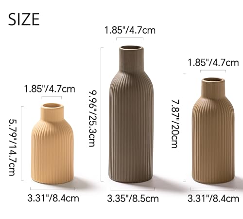 Ceramic Vase Set of 3, Flower Vases for Spring Room Decor, Kitchen Farmhouse, Modern Boho Style(Brown/Dark Brown/Orange) - color: Brown/Dark Brown/Orange