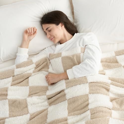 Snuggle Sac Checkered Throw Blanket Faux Fur Microfiber Blankets for Couch,Cozy Soft Warm Blanket for Sofa Bedroom Living Room,Beige Checker,50x60 inches - color: Beige White, size: Throw(50"x60")