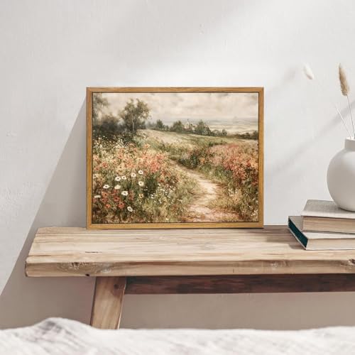 OIQArtOIQ Framed Canvas Wall Art,Vintage Decor,Landscape Nature Country Wildflower Paintings Farmhouse Pictures Modern Artwork Rustic Fall Flower Prints Cottagecore Office Living Room Bedroom Bathroom - color: Wildflower Path, size: 12x16 in