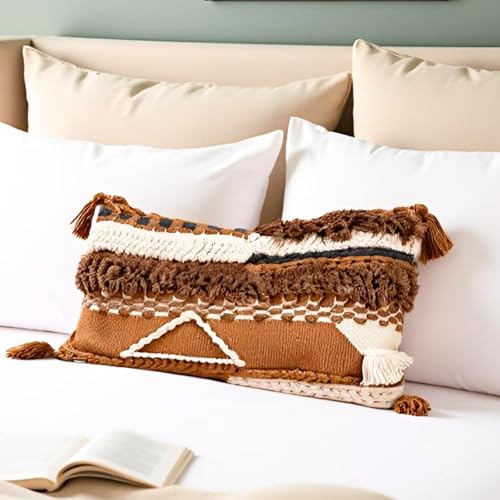 Decorative Throw Pillow Cover 12x20 Knitted Lumbar Pillow Tufted Accent with Tassels for Couch Bed Sofa Cotton Wool Woven Boho Handwoven Pillow (Neutral/Earth Tone) - color: Camel