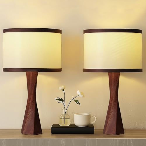 Boho Table Lamps for Bedrooms Set of 2-13" Wooden Spiral Base & Linen Shade - 3 Color Temps (2500K-4500K) LED Bulbs Included - for Bedroom, Office, Dorm, Nursery
