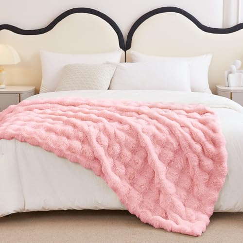 Faux Rabbit Fur Throw Blanket for Couch, Fluffy Warm Plush Thick Bubble Blanket for Bed Sofa Living Room, Soft Cozy Furry Blanket, 50x60 inches, Pink - color: Pink, size: Throw50"x60"