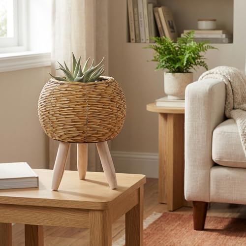 Flower Pots Boho Plant Stand, Wicker Basket Plant Stand with Wood Legs, Light Brown Rattan Plants Table for Home Decor, Office, Cafe