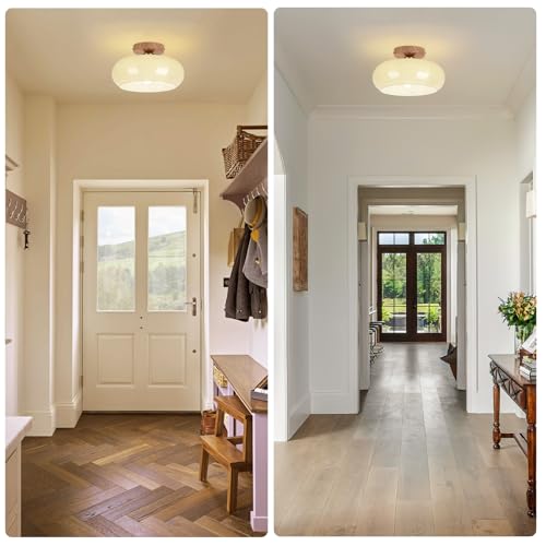 Mid Century Modern Schoolhouse Semi Flush Mount Ceiling Light, Cream Glass Lamp with Wood Grain Metal Base, Rustic Farmhouse Lighting Fixture for Bedroom, Hallway, Dining, Living, Entryway - color: Cream Milk A