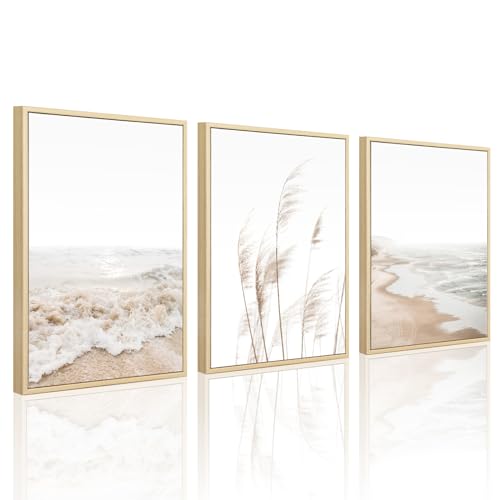 Beach Wall Art Boho Prints Coastal Canvas Wall Art FRAMED Beach Pictures Pampas Grass Ocean Poster Plant Landscape Scene Artwork for Living Room Bedroom Decor 12x16 Inch Set of 3 - color: Beach Art Prints, size: 16"L x 12"W