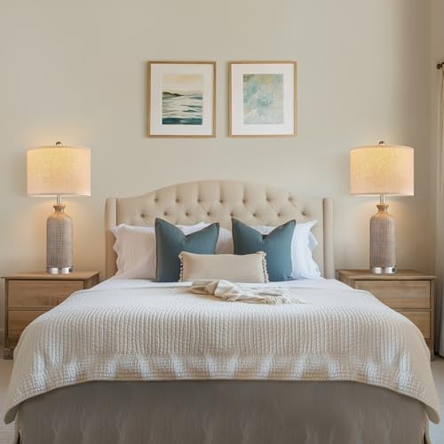 Living Room Lamps Set of 2, 27" Touch Lamps for Nightstand with USB A+C Ports, Modern Farmhouse Table Lamps for Bedroom, Wood Grain, Ceramic - color: Wood Grain