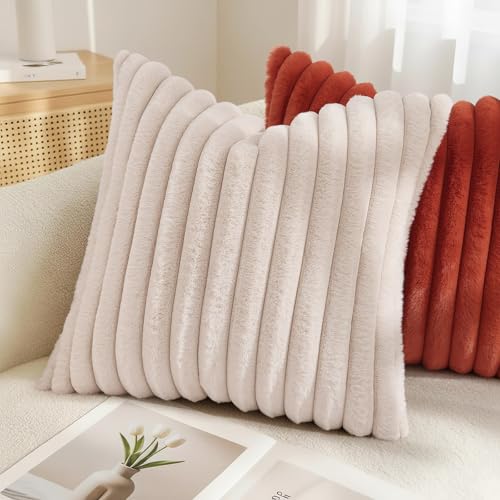 decorUhome Fall Cozy Faux Fur Throw Pillow Covers 26x26 Set of 2 Decorative Soft Plush Striped Modern Farmhouse Boho Couch Euro Sham Pillow Cases with Velvet Back for Sofa Bed Living Room, Beige - color: Beige, size: 26" x 26" (Pack of 2)
