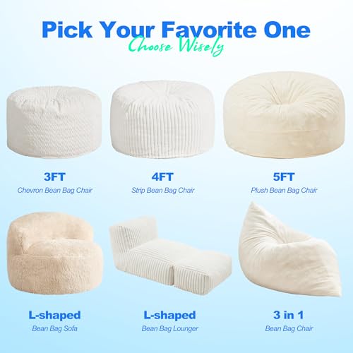 Hobestluk 3 in 1 Bean Bag Chair Giant Bean Bag Chairs for Adults with Plush Faux Fur Cover Convertible Bean Bag Floor Cushion with Machine Washable Cover for Living Room (Plush White) - color: Cream