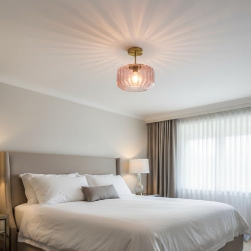 Modern Semi-Flush Mount Light Fixture Blush Pink Ceiling Lamp with Brushed Gold Base, Bedroom Light Fixture for Girls Bedroom, Nursery, Master Suite Hallway - color: Pink, 1-Light