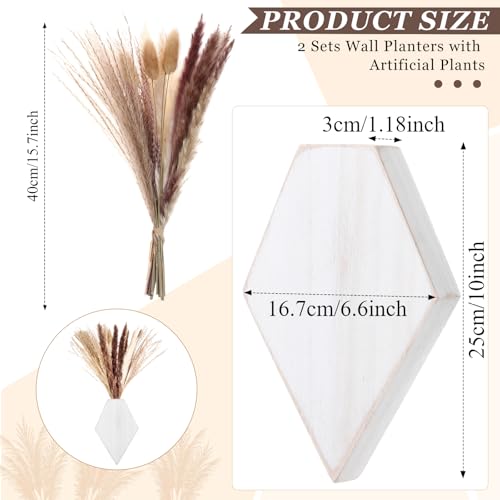 2 Pcs Bohemian Wooden Wall Planter Set with Pampas Grass Modern Farmhouse Wall Decor for Living Room, Bathroom, Bedroom, Office(White Distressed,Regular Style) - color: White Distressed, style: Regular Style