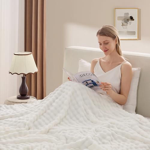 3D Bubble Plush Blanket Textured Fleece Throw Soft Warm Cozy Blanket Couch Bed Throw Snow White 50x60 Inches - color: Snow White, size: Throw(50"x60"）