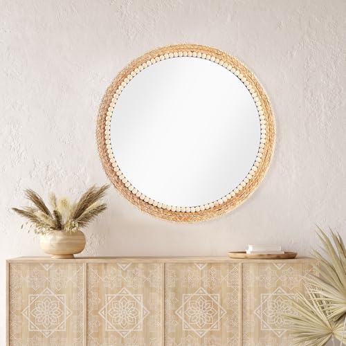 21 Inch Boho Round Hanging Wall Mirror Decorative Rattan Circle Wall Mounted Mirror for Farmhouse, Living Room, Bedroom, Bathroom - color: 21 Inch Wood