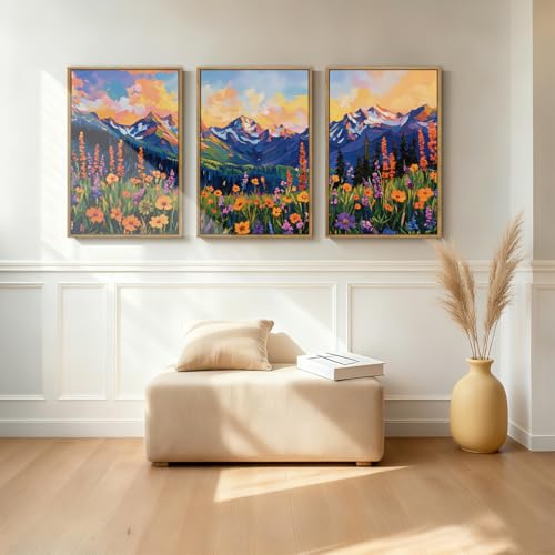 ANHUIB Colorful Wildflower Wall Art Boho Mountain Wall Decor Nature Floral Art Print 16x24 Inch Set of 3 for Living Room Bedroom Dining Room - color: Colorful Wildflower, size: 24"L x 16"W