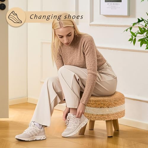 Handwoven Round Ottoman, Natural Water Hyacinth Outdoor Patio Pouf Seagrass Low Stool with Wood Legs, Soft Padded Footrest for Living Room Bedroom Garden, White - color: White, size: 13"D x 13"W x 10.6"H