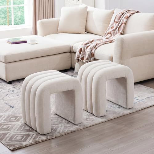 ONEVOG 2-Piece Off-White Chenille Pouf Ottoman Set, 18 Inch Modern Upholstered Small Footrest with Sturdy Wood Frame, Cute Vanity Makeup Seat Footstool for Couch, Living Room, Bedroom, or Dorm Decor - color: Off White