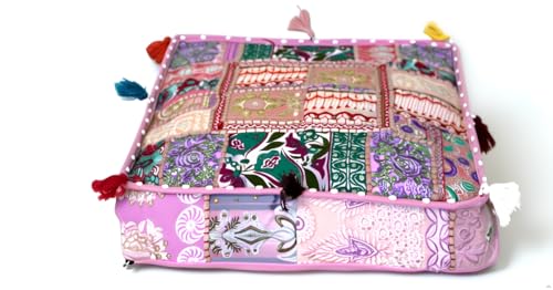 CRAFT KALA Indian Square Patchwork Traditional Pouf Cover Indian Living Room Poufs Decorative Embroidered Designer Ottoman Home Living Footstool Chair Cover Decor Pillow Cover 22x22x5 inches Baby Pink - color: Baby Pink, size: 22"D x 22"W x 5"H