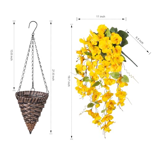 HyeFlora Artificial Hanging Flower Baskets for Spring Decoration, Outdoor Fake Plant Faux Silk Hibiscus Long Vines in Planter UV Resistant Realistic Flowers for Outside Porch Patio Home Decor, Yellow - color: Yellow