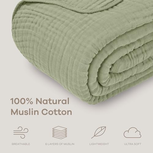 Comfy Cubs Muslin Throw Blanket - 50” x 60” Quilted Design - Lightweight, Breathable 6-Layer Gauze Fabric - Soft Cotton Blanket for Home or Travel - Packaged in Elegant Gift Box - Sage - color: Sage, size: Throw - 50" X 60"