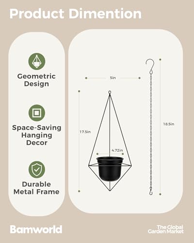 Bamworld Black Hanging Planters for Indoor Outdoor Plants Metal Hanging Pots for Plants 5 Inch Modern Hanging Basket Window Plant Hanger Ceiling Hanging Flower Pot with Chain for Wall Decor (Diamond) - size: Diamond - 5in