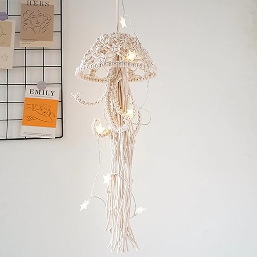 Macrame Wall Hanging,Jellyfish Dream Catcher with Star Lights,Bohemian Woven Wall Art Decor Beautiful Apartment Dorm Room Door Decoration (White) - color: White