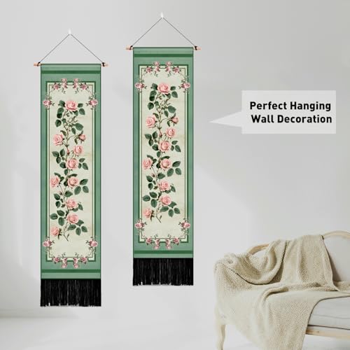PLIGREAT 2 Pack Rose Corner Tapestry Vintage Vertical Green Wall Hanging with Tassels Aesthetic Wall Tapestry for Bedroom Bathroom Living Room Home Art Decor Housewarming Gift - color: pink,green