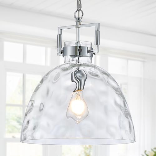 Glass Pendant Light, 13.8 Inch Single Hanging Ceiling Light with Adjustable Chain, E26 Base Oversized Hammered Clear Glass Kitchen Island Pendant Lighting in Polished Chrome for Dining Room, Entryway - color: Large Chrome