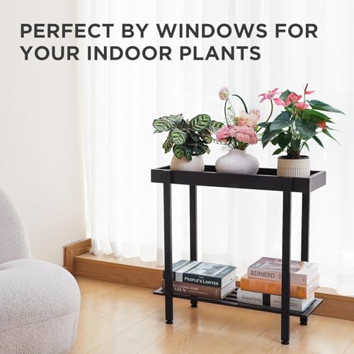 Honla Metal Plant Stand Indoor Outdoor,2 Tier Window Tall Plant Table Bench Shelf for Multiple Plants,26" L x 8.66" W x 24.40" H,Black - color: Black