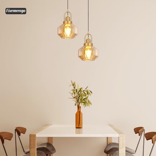 9in Mid Century Modern Pendant Light, Gold and Small Amber Glass | Vintage Lighting Fixture Ceiling Hanging Lamp for Kitchen Island Foyer Dining Room Bedroom Entryway Hallway Over Sink Table - color: Amber & Gold Hardwire, size: 9in