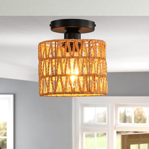 Ceiling Light Fixture,Hand-Woven Rattan Flush Mount Ceiling Light,Farmhouse Light Fixtures Ceiling Mount Boho for Hallway Bedroom Kitchen Entryway Living Room - color: 1 Pack Brown